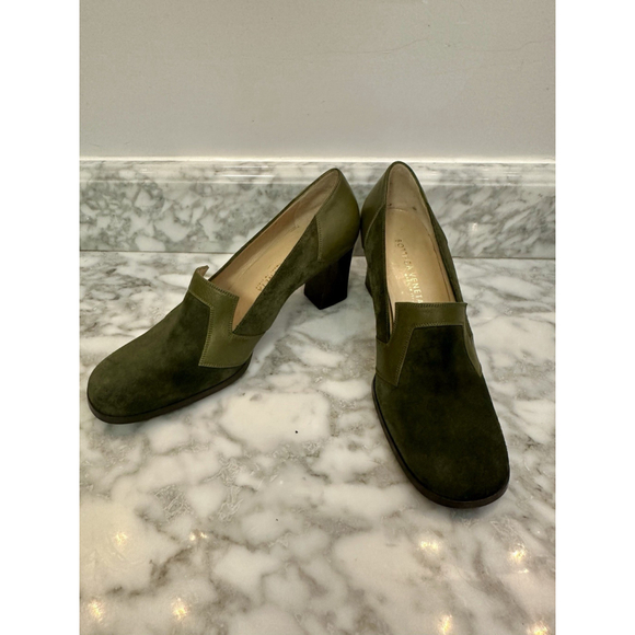 Bottega Veneta Olive Suede Block Heels Leather Trim Pumps Size 10
